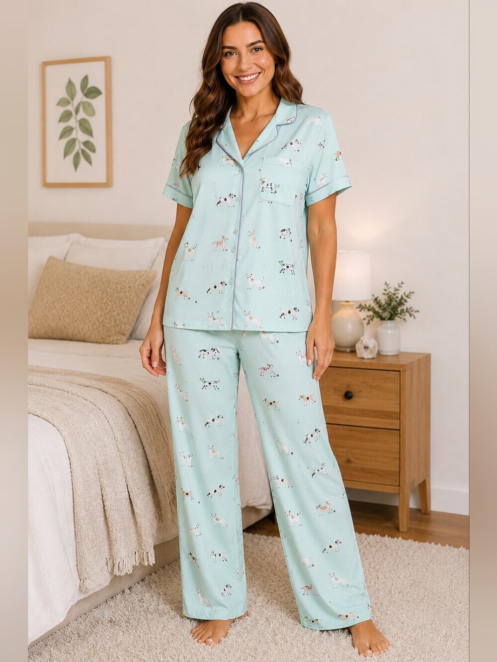 Munki Munki Women’s XL Dog Print Pajama Set Mint Button Up Top Pants